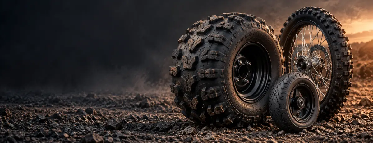 Quad-, Dirtbike- und Scooterreifen auf Schotter im Abendlicht
